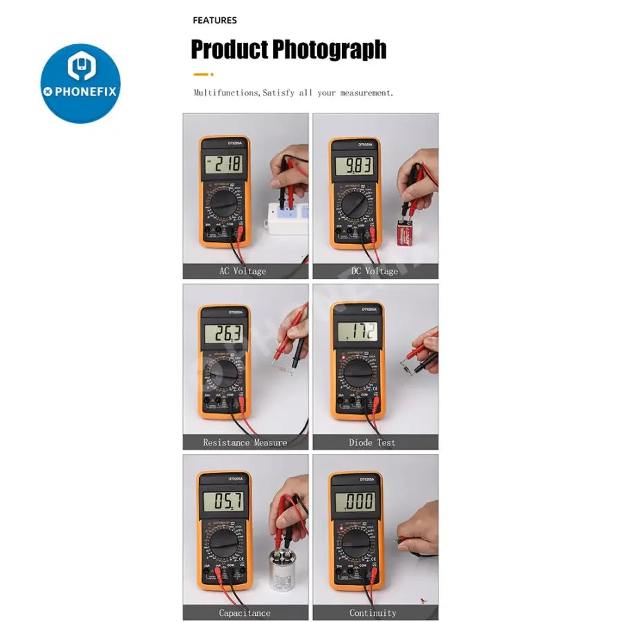 PhoneFix DT9205A digital multimeter showing display with voltage, current, resistance, and capacitance measurements.
