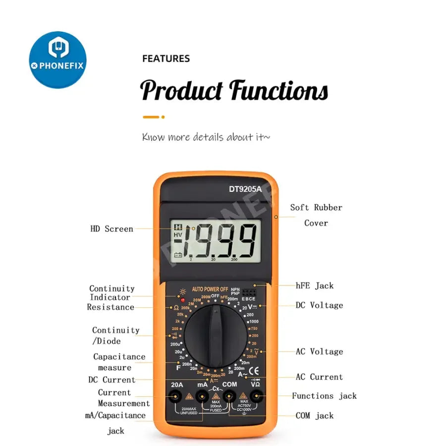 Phonefix DT9205A digital multimeter measuring voltage, current, resistance, and capacitance, with display and test probes visible.