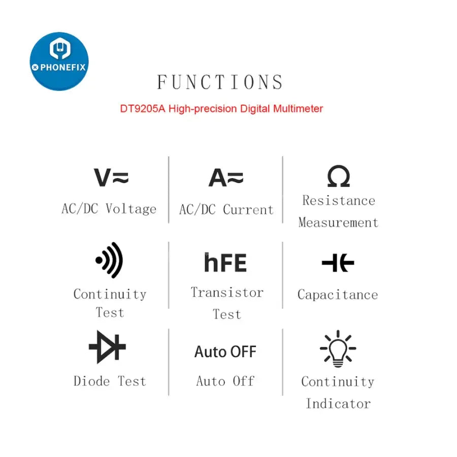 Digital multimeter DT9205A by PHONEFIX measuring voltage, current, resistance, and capacitance for electronic testing.