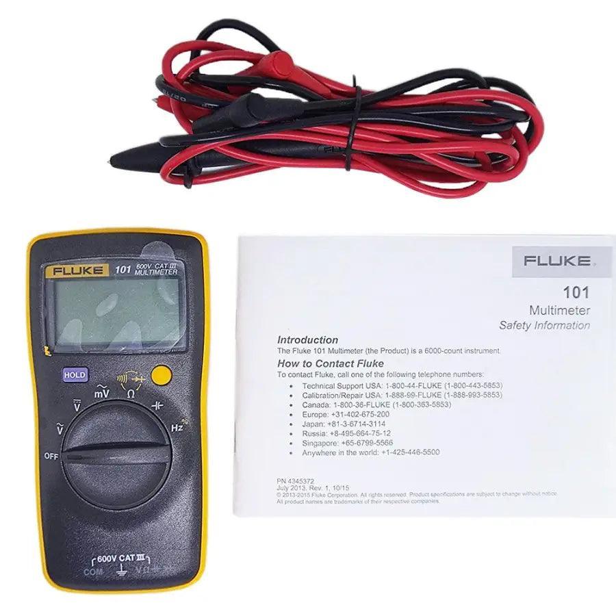 Fluke 101 digital multimeter by PHONEFIX showing digital display and measurement ports for voltage and AC mV testing.