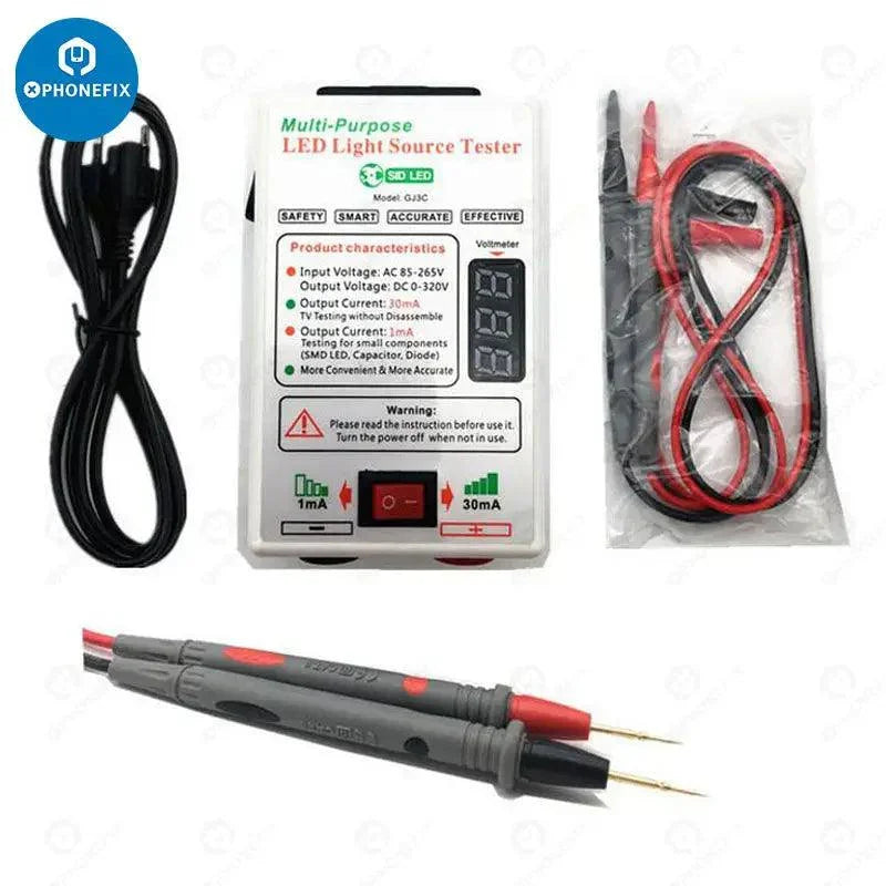 PhoneFix GJ3C LED TV backlight tester and current detector, digital multimeter with adjustable voltage range, used for TV repair.