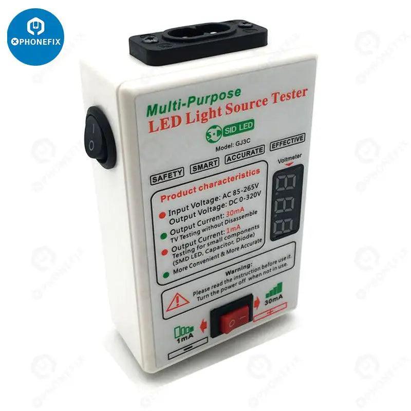 PHONEFIX GJ3C digital multimeter testing LED TV backlight voltage and current with adjustable detector, showing digital display and probes.