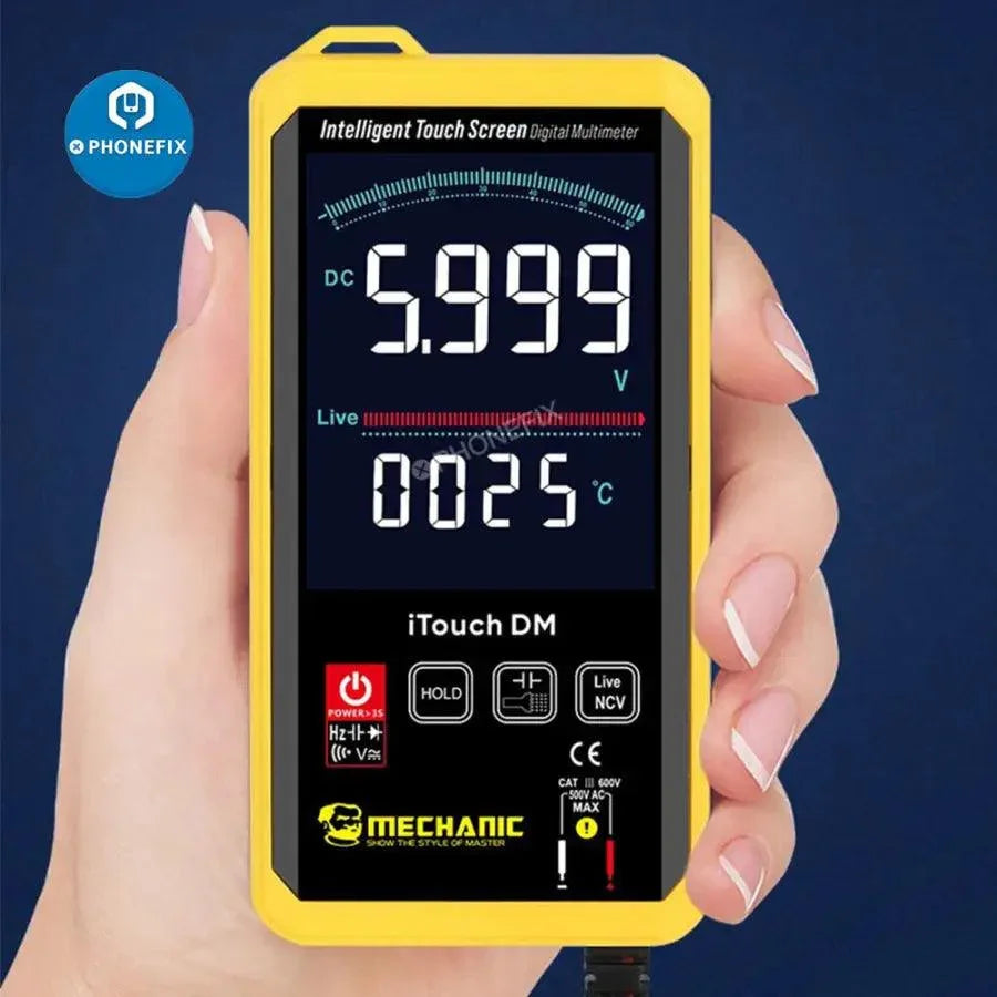 Digital multimeter from PHONEFIX, showing voltage and current readings on its display, used for electrical testing and diagnostics.
