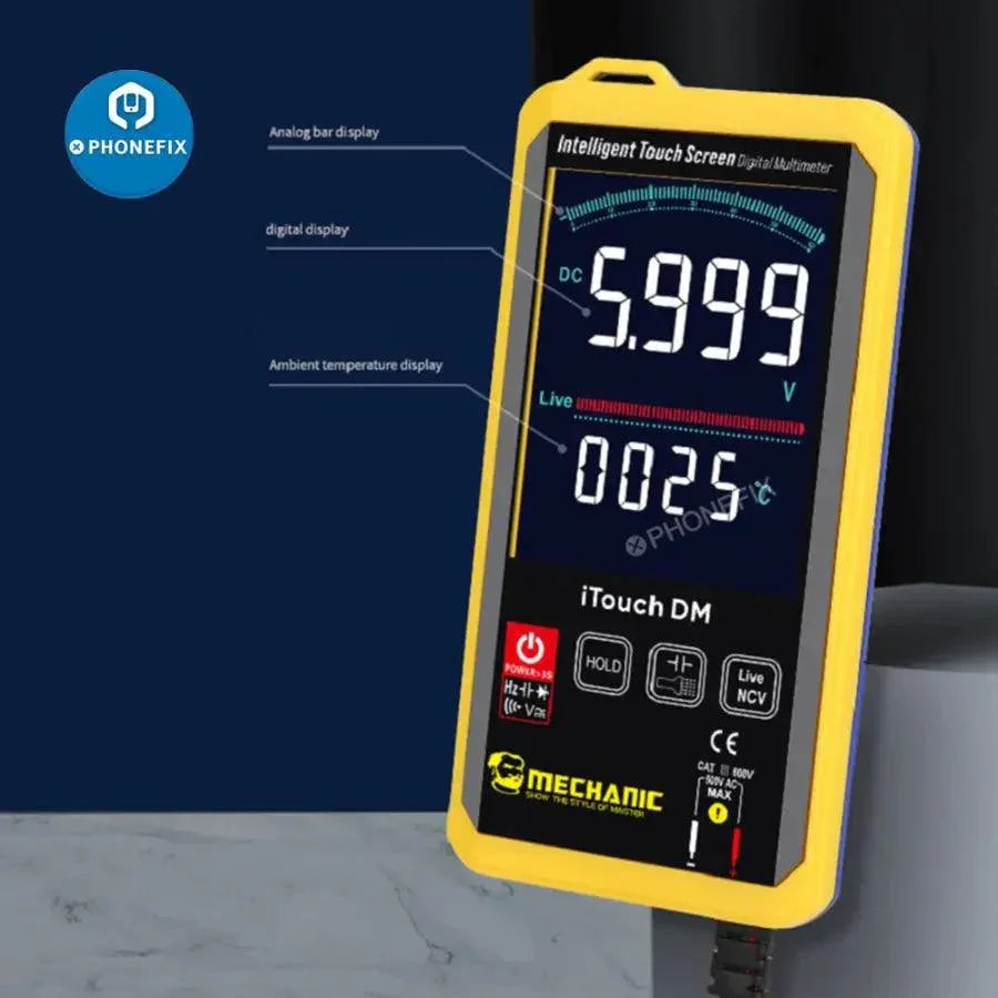 PhoneFix MECHANIC iTouch DM digital multimeter measuring voltage and current, handheld tester for electrical troubleshooting.