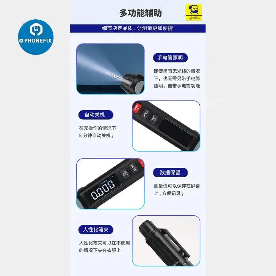 PHONEFIX Mechanic MD5 Pen Multimeter, digital auto-range multimeter with pen-style design, display screen, and measurement controls.