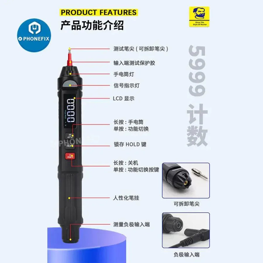 PHONEFIX Mechanic MD5 Pen Digital Multimeter showing a pen-style multimeter with auto-range display and digital readout.