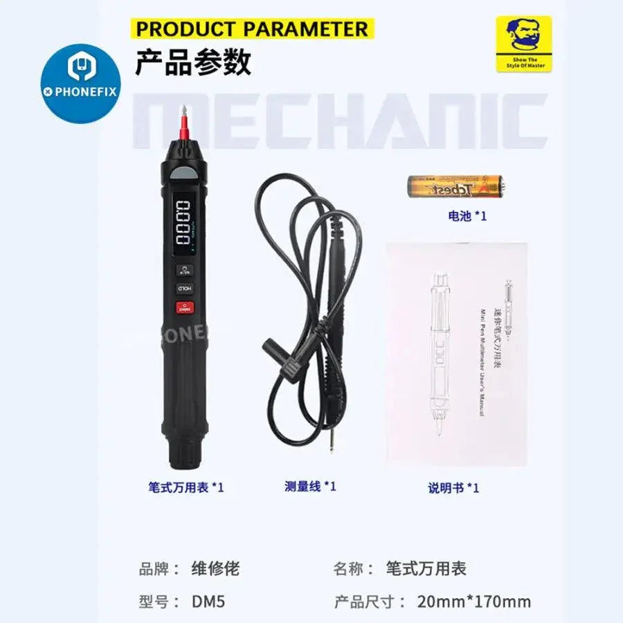 PhoneFix Mechanic MD5 Pen Multimeter, digital auto-range multimeter with pen-style design for precise electrical measurements.
