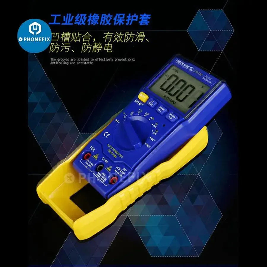 PhoneFix MECHANIC SIV119 mini automatic portable digital multimeter showing LCD display and test probes for electronic measurements.