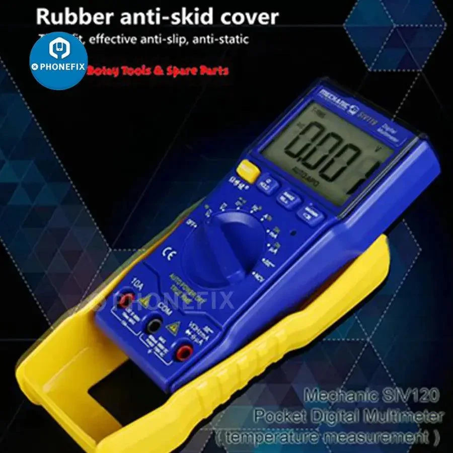 PhoneFix MECHANIC SIV119 mini automatic digital multimeter showing a digital display and test probes for electrical measurements.