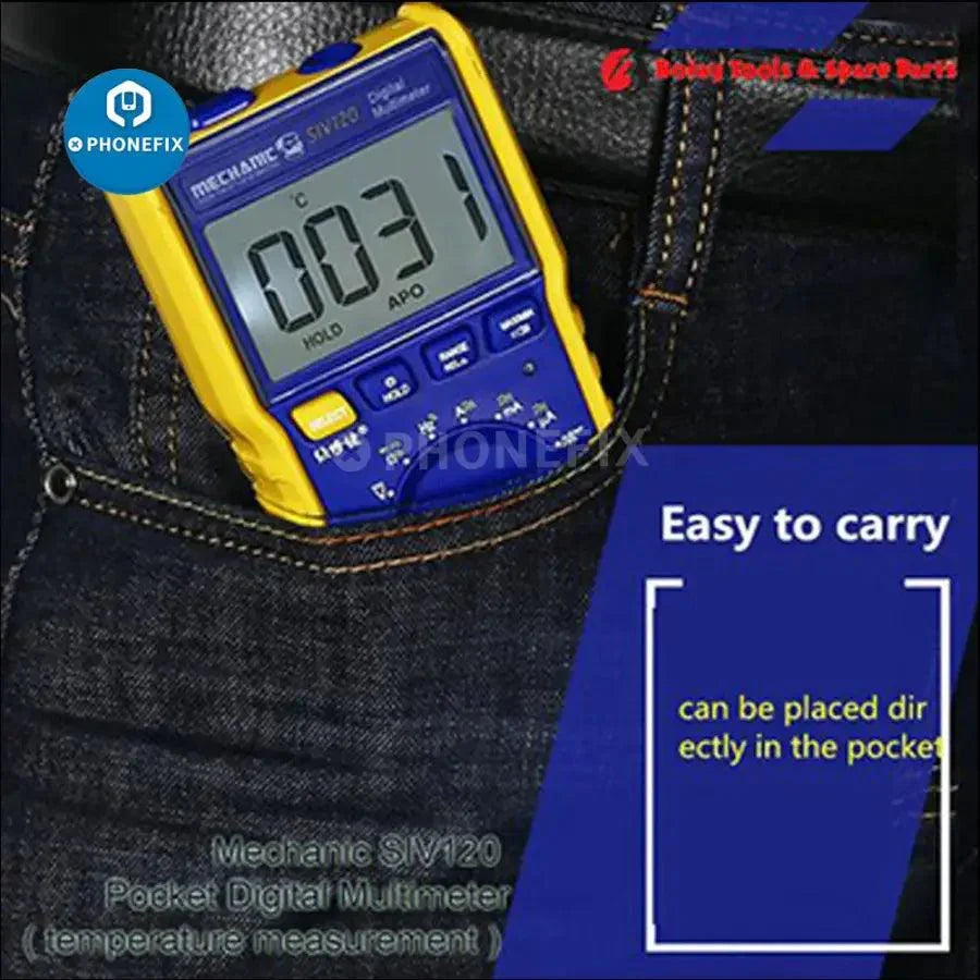 MECHANIC SIV120 PhoneFix portable digital multimeter showing display and test leads for electrical measurements.