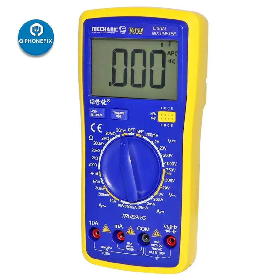 PHONEFIX Mechanic V90E digital multimeter with automatic display, showing a close-up of its digital screen and measurement controls.