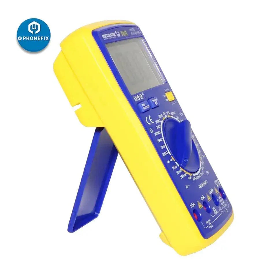 PHONEFIX Mechanic V90E digital multimeter with automatic display, featuring LED screen and manual probes for electrical testing.