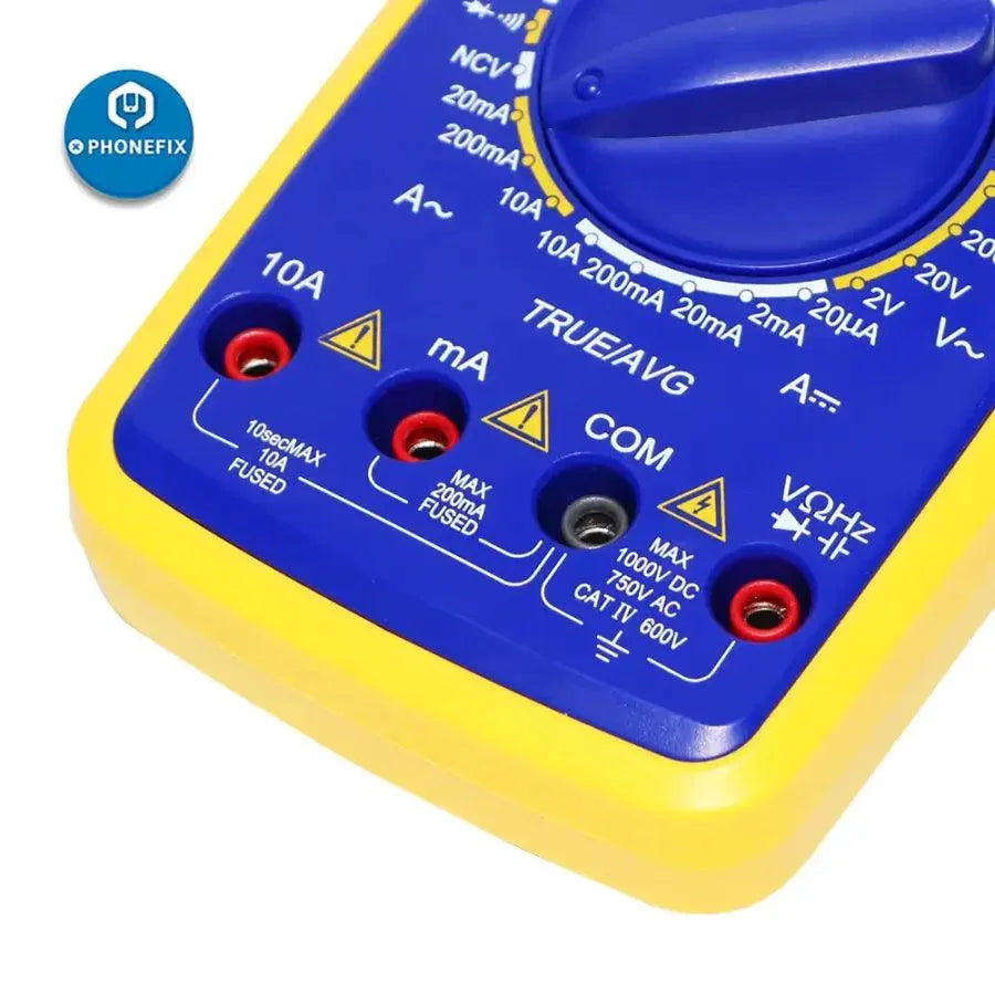 Phonefix V90E digital multimeter with automatic display, compact design, and multifunctional testing for electronics and automotive use.
