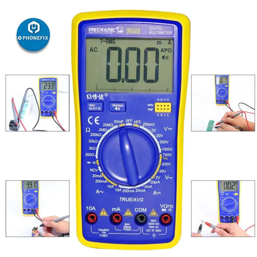 Digital multimeter PHONEFIX V90E with automatic display, handheld mechanic tool for electrical testing and measurement.