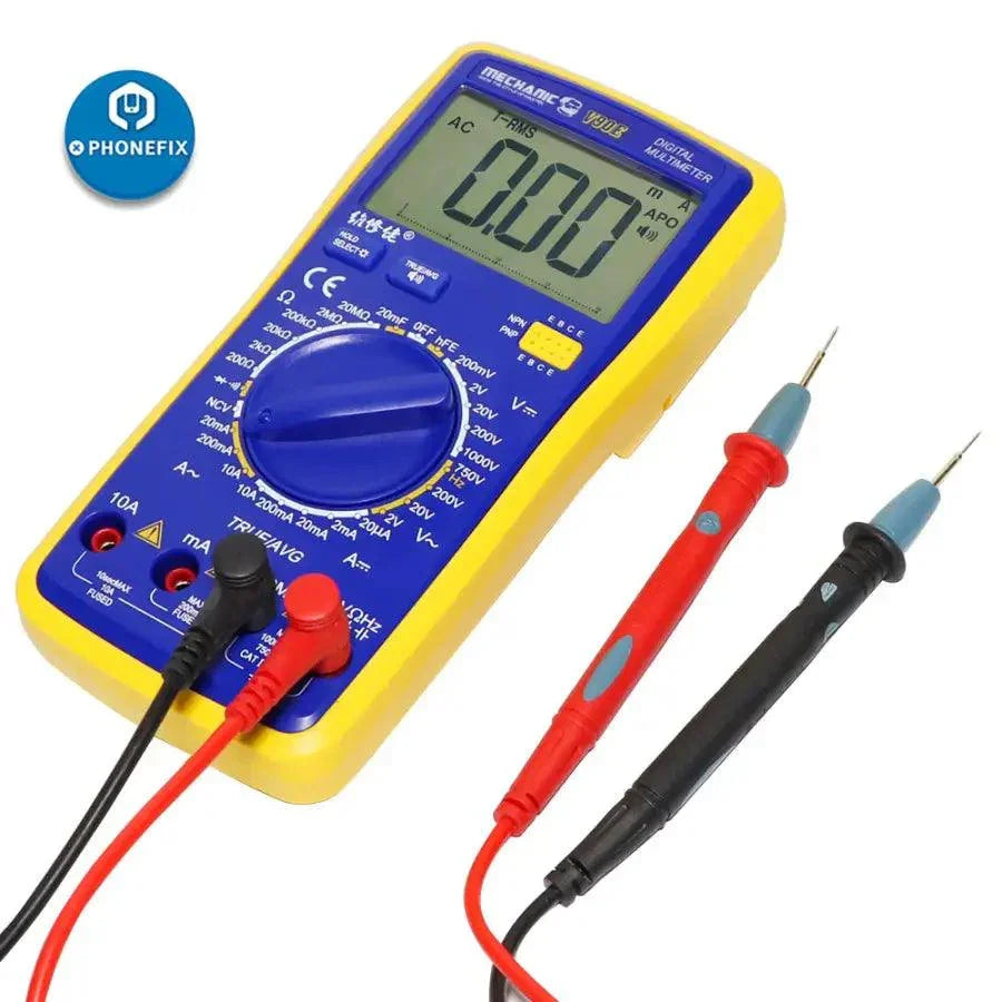 PhoneFix Mechanic V90E digital multimeter with automatic display, showing measurement readings on a compact handheld device.