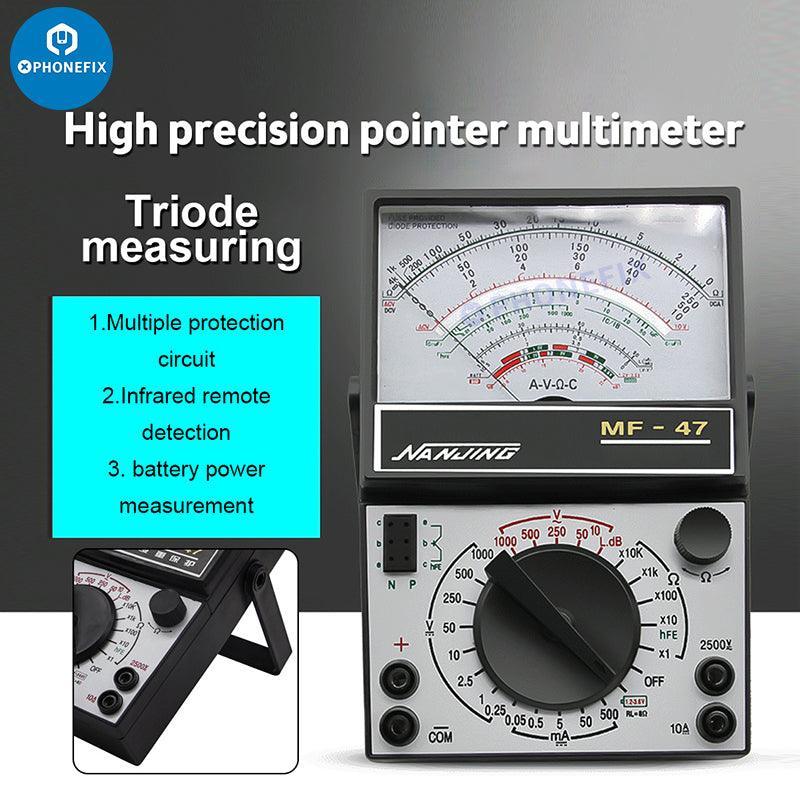 Digital multimeter by PHONEFIX with MF47 pointer design, testing capacitance and resistance, includes buzzer for continuity detection.