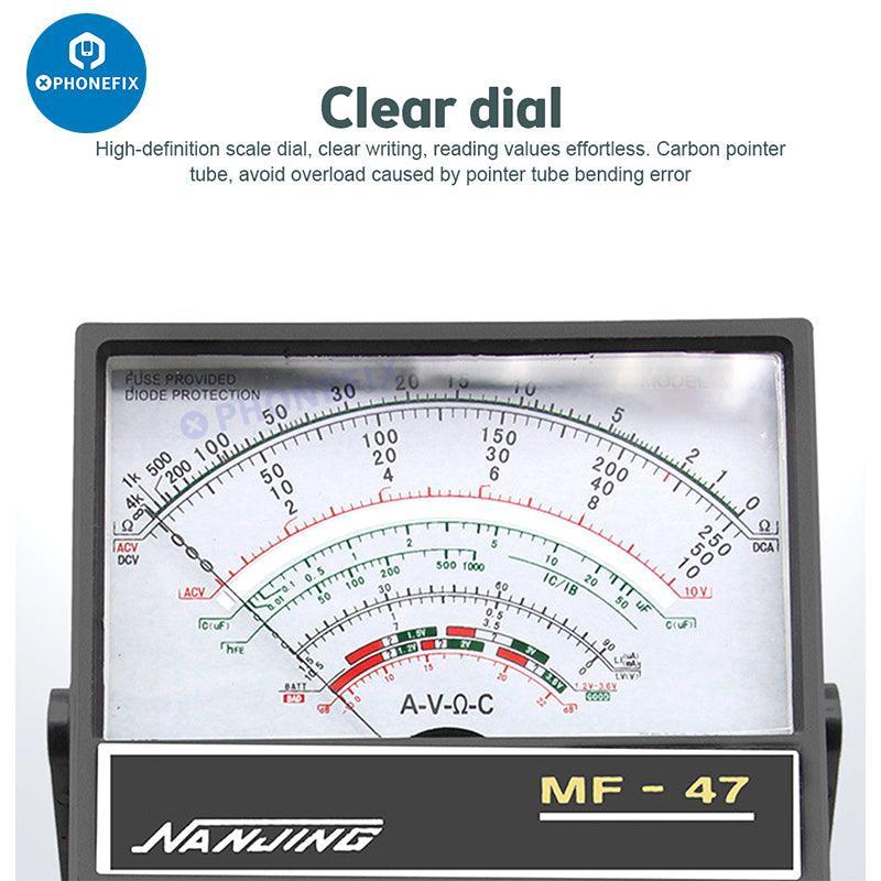 Digital multimeter by PHONEFIX with MF47 pointer display, capacitance and resistance testing, and buzzer function.