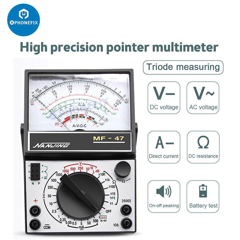 PHONEFIX MF47 digital multimeter showing capacitance and resistance testing with a built-in buzzer for electrical measurements.