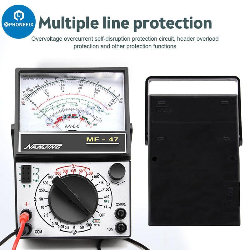Digital multimeter by PHONEFIX with MF47 pointer display, capacitance and resistance testing, and buzzer for electrical measurements.