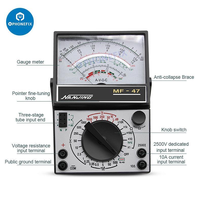 PHONEFIX MF47 Pointer Digital Multimeter for capacitance, resistance testing with buzzer, compact and easy-to-use electrical tester.