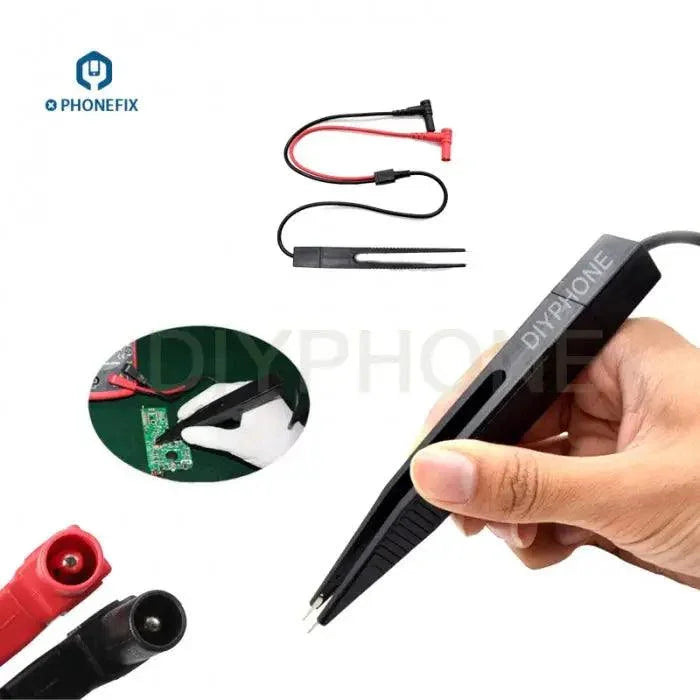 PhoneFIX digital multimeter lead wire, tweezers, and probe for PCB board soldering and electronic repair.