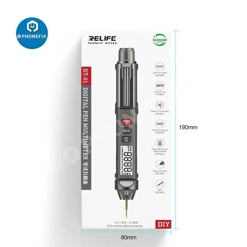RELIFE DT-01 3-in-1 digital multimeter test pen with needle leads, used for electrical testing and measurements.