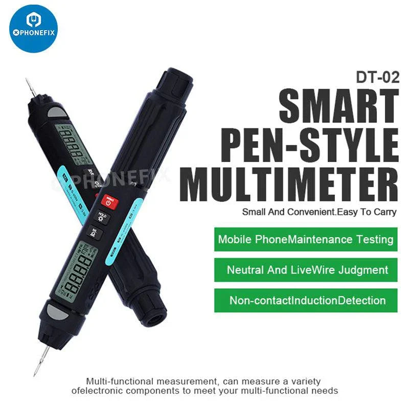 Relife DT-02 digital multimeter by PHONEFIX, pen-type tester with anti-burning technology, used for electrical testing and measurements.