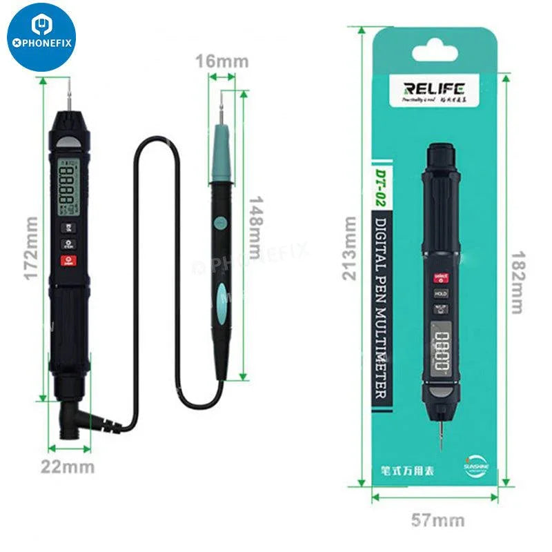 PhoneFix Relife DT-02 digital multimeter pen-type tester with anti-burning features, used for electrical testing and measurements.