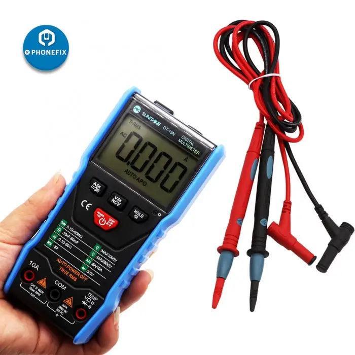 PHONEFIX Smart DT-19N digital multimeter measuring AC/DC voltage, resistance, and current in a compact, handheld design.