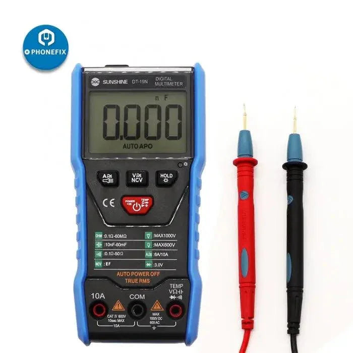 PHONEFIX Smart DT-19N digital multimeter displaying AC/DC voltage, resistance, and measurement readings in a close-up view.