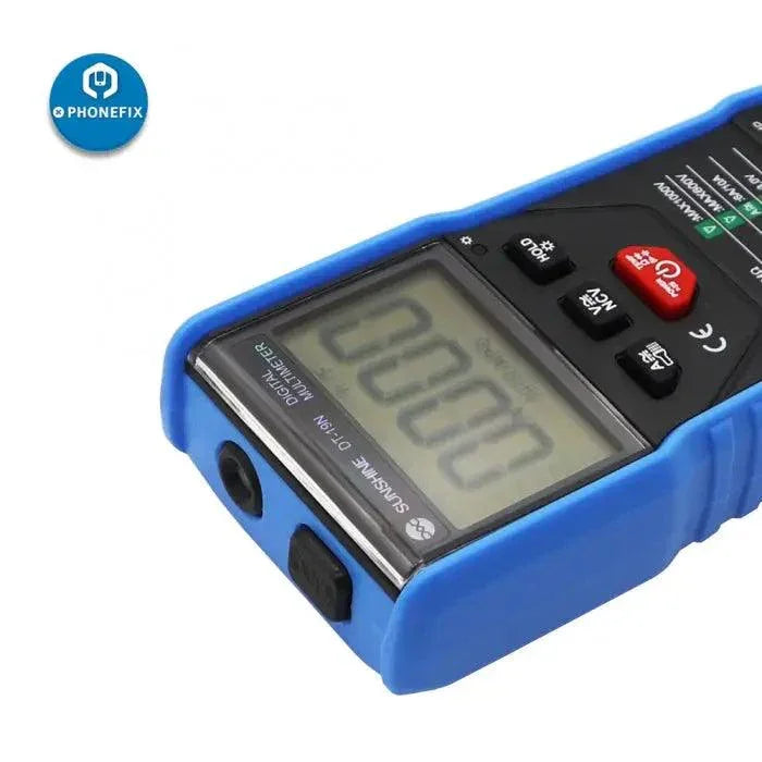 PHONEFIX Smart DT-19N digital multimeter measuring AC/DC voltage, resistance, and electrical values with display screen and test leads.