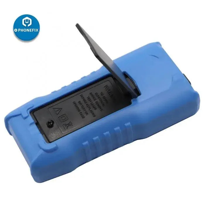PHONEFIX Smart DT-19N digital multimeter showing AC/DC resistance measurement and display screen with test leads attached.
