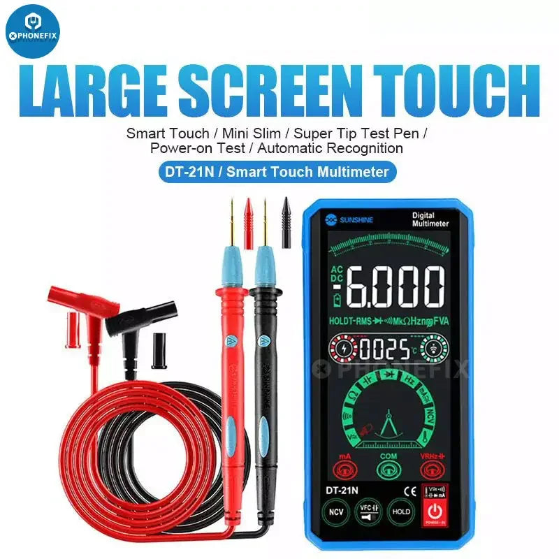 SUNSHINE DT-21N digital multimeter by PHONEFIX with automatic touch control display and measurement probes