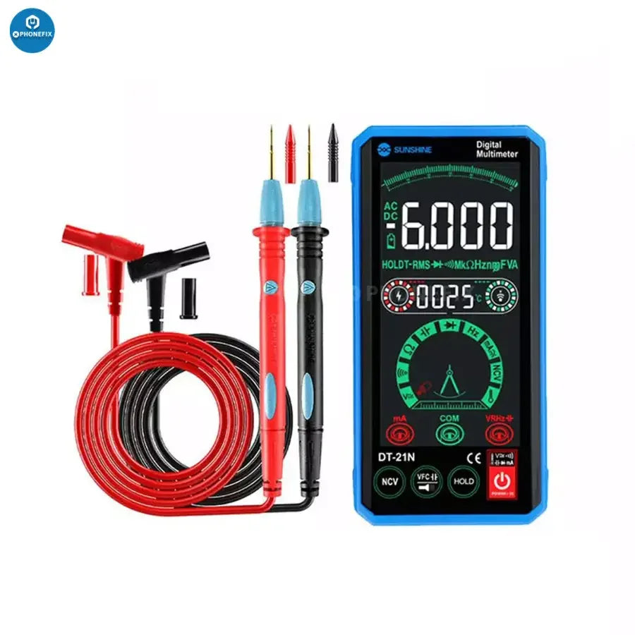 PHONEFIX SUNSHINE DT-21N digital multimeter with automatic touch control, showing display and test probes in use.
