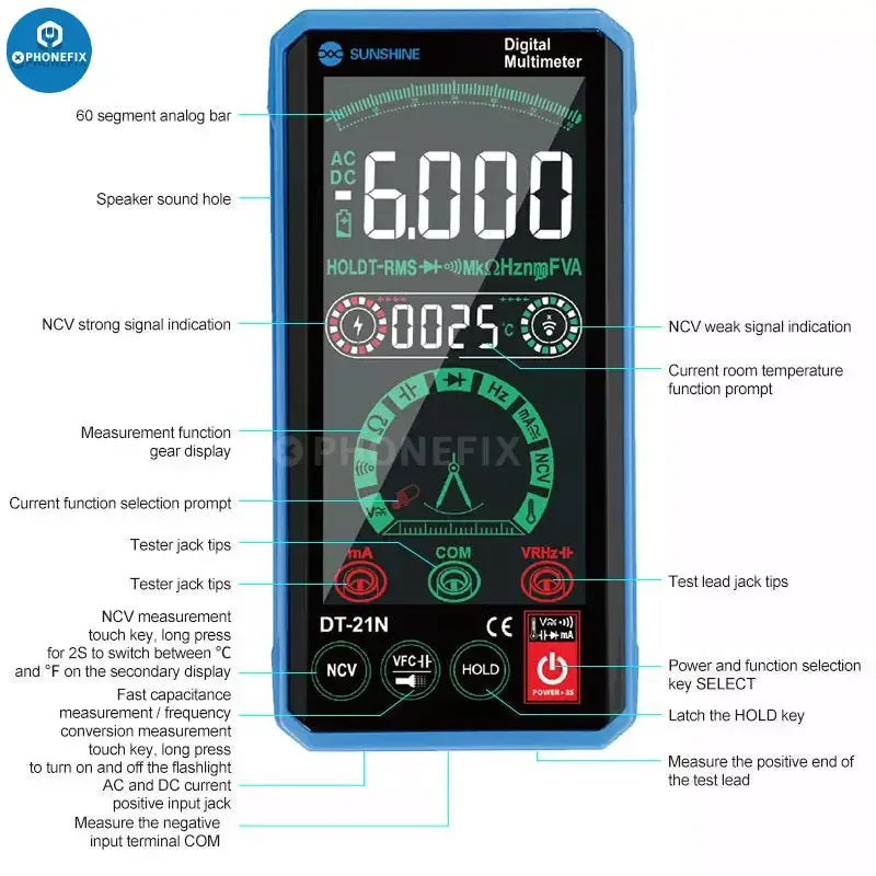 Phonefix SUNSHINE DT-21N digital multimeter with automatic touch control tester showing digital display and measurement ports.