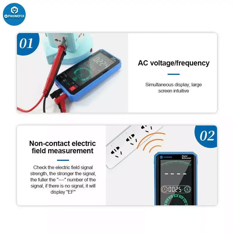 PhoneFix SUNSHINE DT-21N digital multimeter with automatic touch control and digital display for electrical testing.