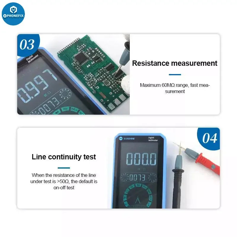 PHONEFIX SUNSHINE DT-21N digital multimeter with automatic touch control and digital display for accurate voltage, current, and resistance testing.