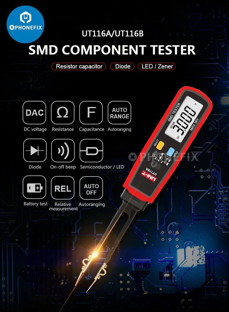 UNI-T UT116C digital multimeter with rotatable tweezers and SMD testing capabilities, used for electronics measurement and troubleshooting.