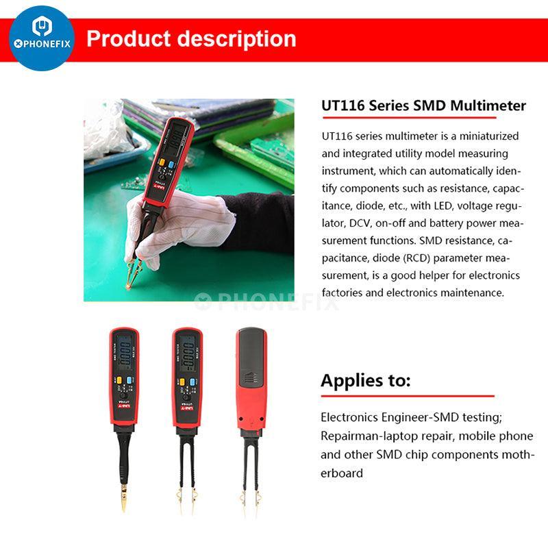 UNI-T UT116C digital multimeter with rotatable tweezers, SMD tester, and digital display for electronic measurements.