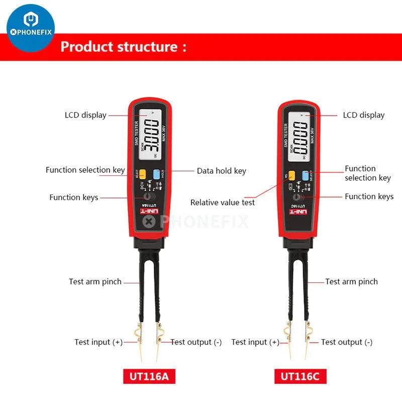 UNI-T UT116C digital multimeter with rotatable tweezers and SMD tester features, used for electronic measurements and testing.