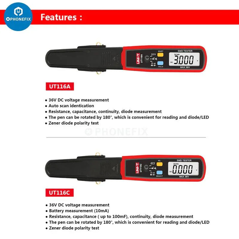 UNI-T UT116C digital multimeter with rotatable tweezers, SMD tester, used for electronic measurements and component testing.