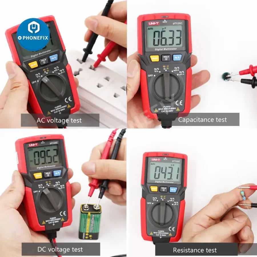 PHONEFIX UNI-T UT125C Mini Digital Multimeter showing capacitance and resistance testing with display and probes.