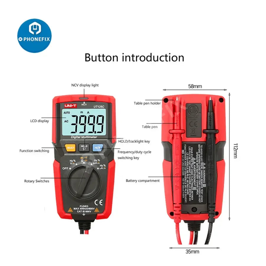 UNI-T UT125C mini digital multimeter by PHONEFIX showing capacitance and resistance measurement on a handheld device screen.
