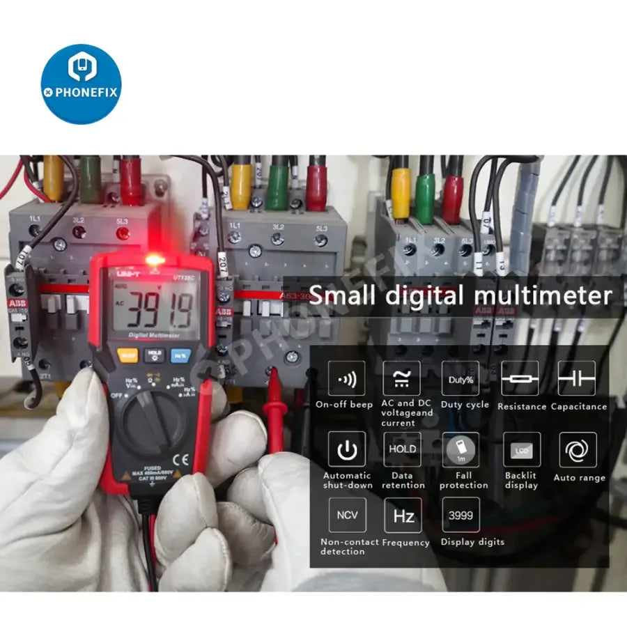 UNI-T UT125C mini digital multimeter by PHONEFIX showing display and test leads for capacitance and resistance testing.