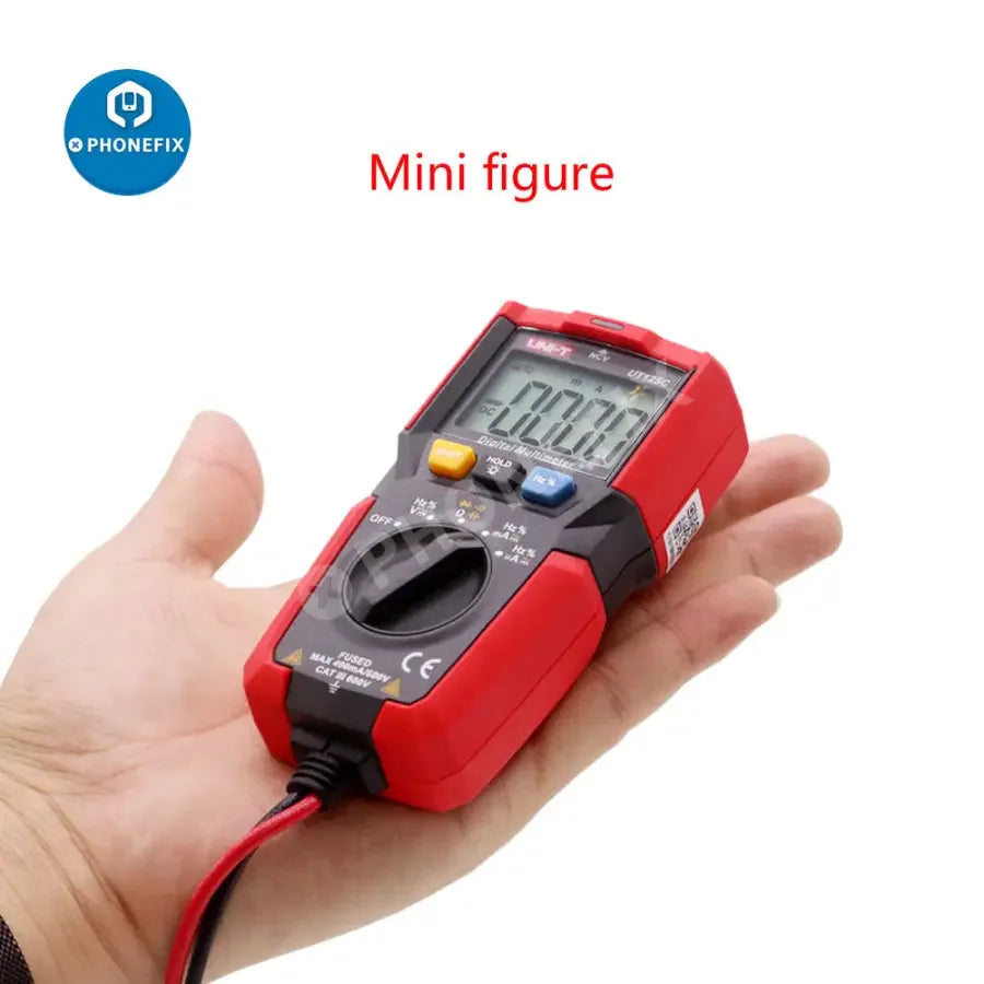UNI-T UT125C mini digital multimeter by PHONEFIX showing display and test probes for capacitance and resistance measurement.