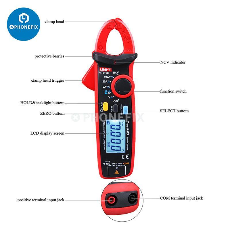 UNI-T UT210E digital clamp meter by PHONEFIX showing AC/DC current and voltage measurements on a digital multimeter display.
