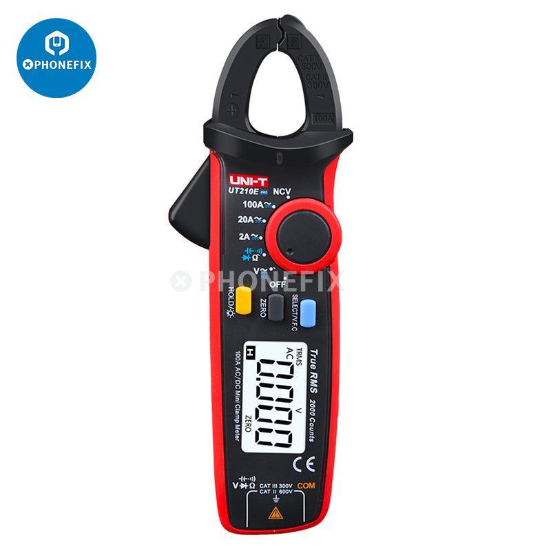 UNI-T UT210E digital clamp meter showing AC/DC current and voltage readings on a handheld multimeter device.