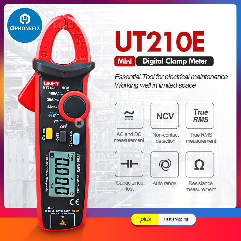 UNI-T UT210E digital clamp meter by PHONEFIX showing current, voltage, and multimeter display with clamp and test leads.