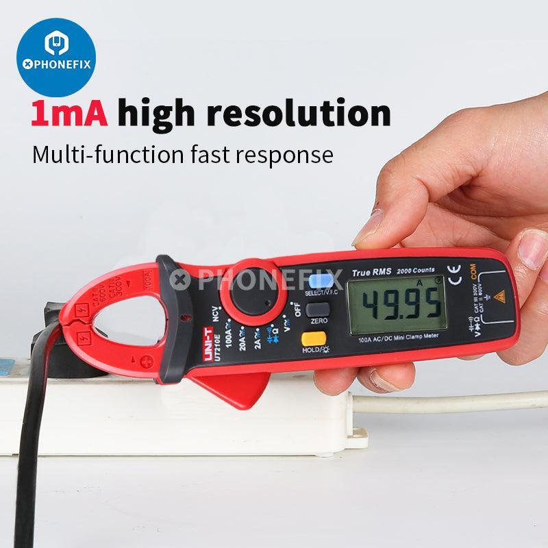 UNI-T UT210E digital clamp meter measuring AC/DC current and voltage, used as a portable multimeter for electrical testing.