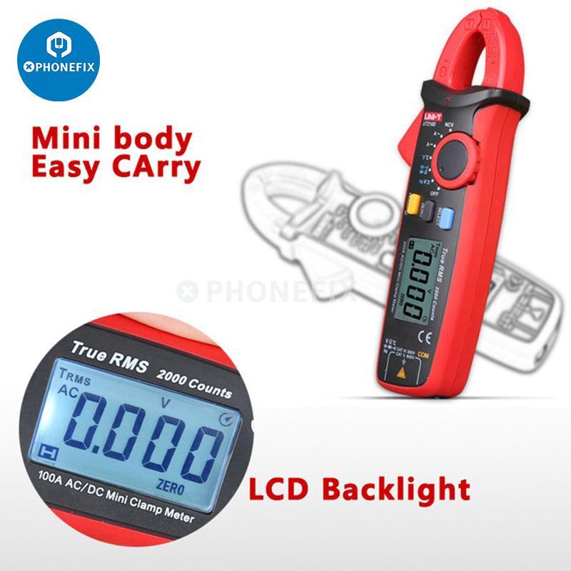 UNI-T UT210E digital clamp meter showing AC/DC current and voltage measurement on a handheld multimeter device.